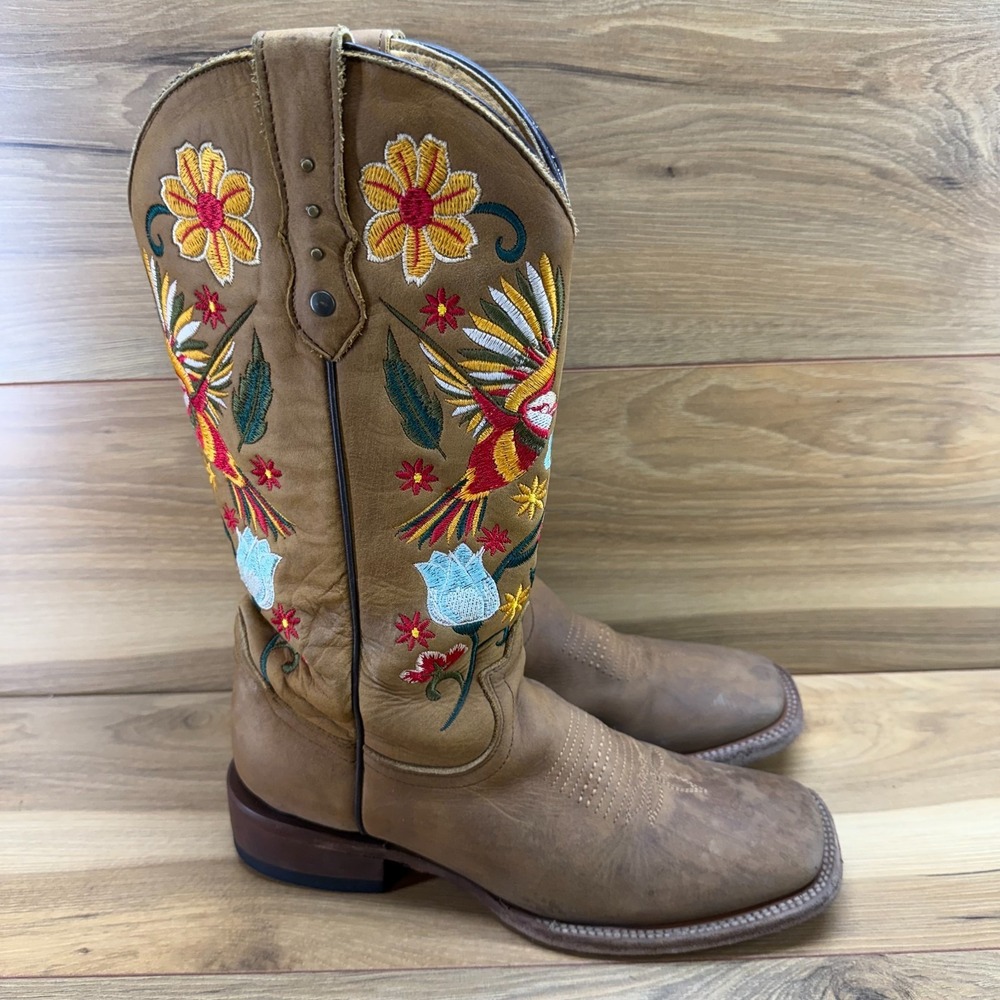 Rock EM Western Boots Floral Bird Embroidered Womens 9 Square Toe Rodeo Brown